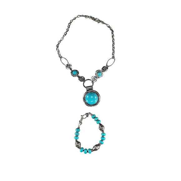 Turquoise Silver-Tone Necklace & Bracelet Jewelry Set With Ornate Detailing - Picture 1 of 5